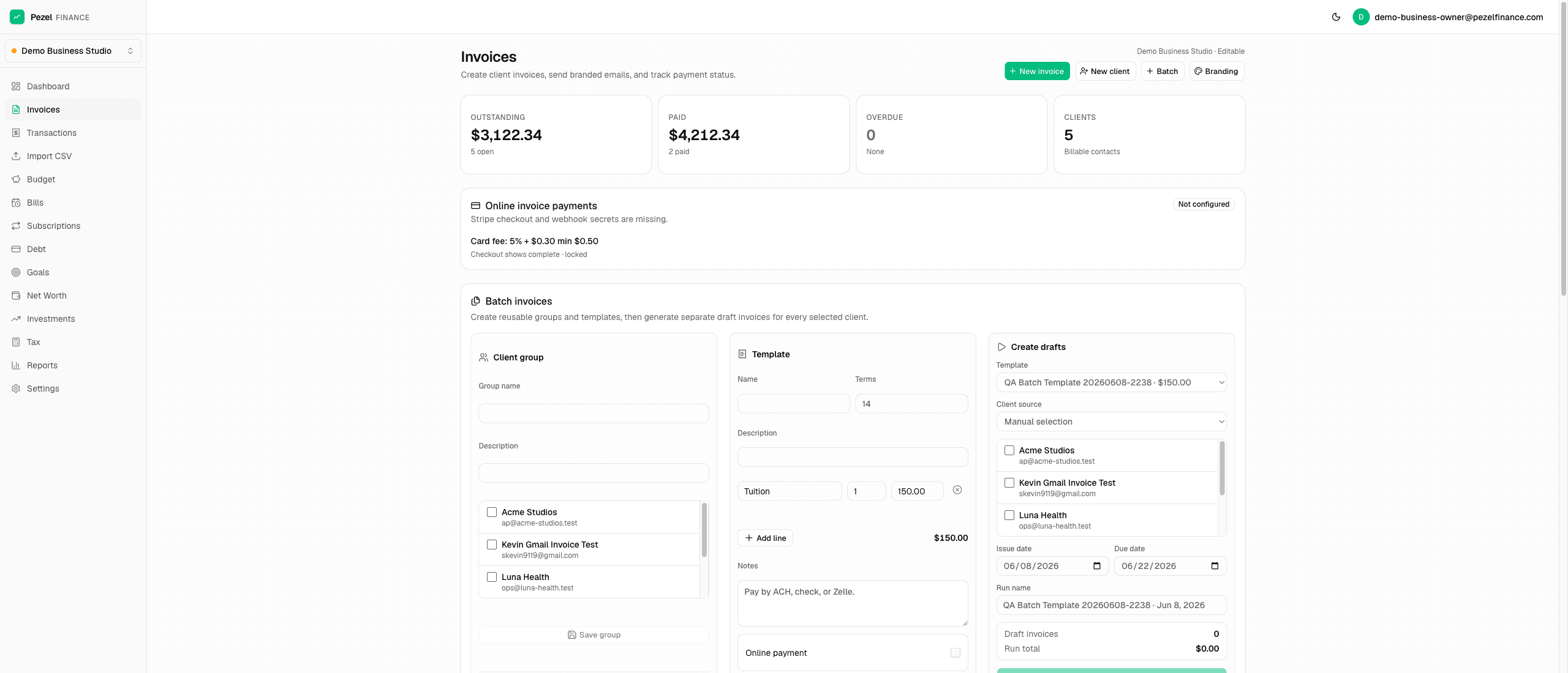 Pezel Finance business invoice workspace with batch invoices, client groups, and invoice status tracking.