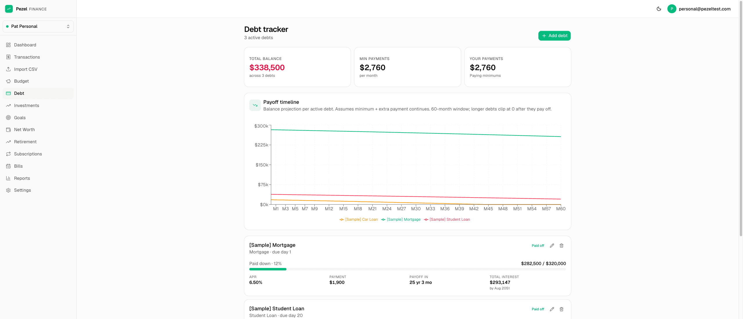 Pezel Finance debt tracker with payoff timeline chart and per-debt amortization