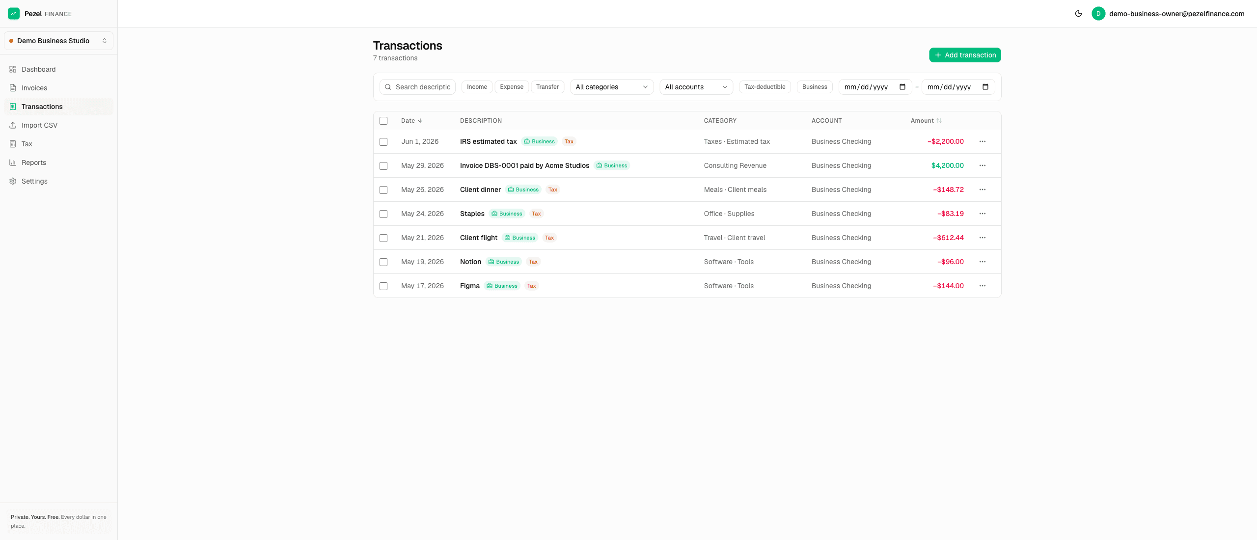 Pezel Finance transactions view with multi-select bulk actions bar